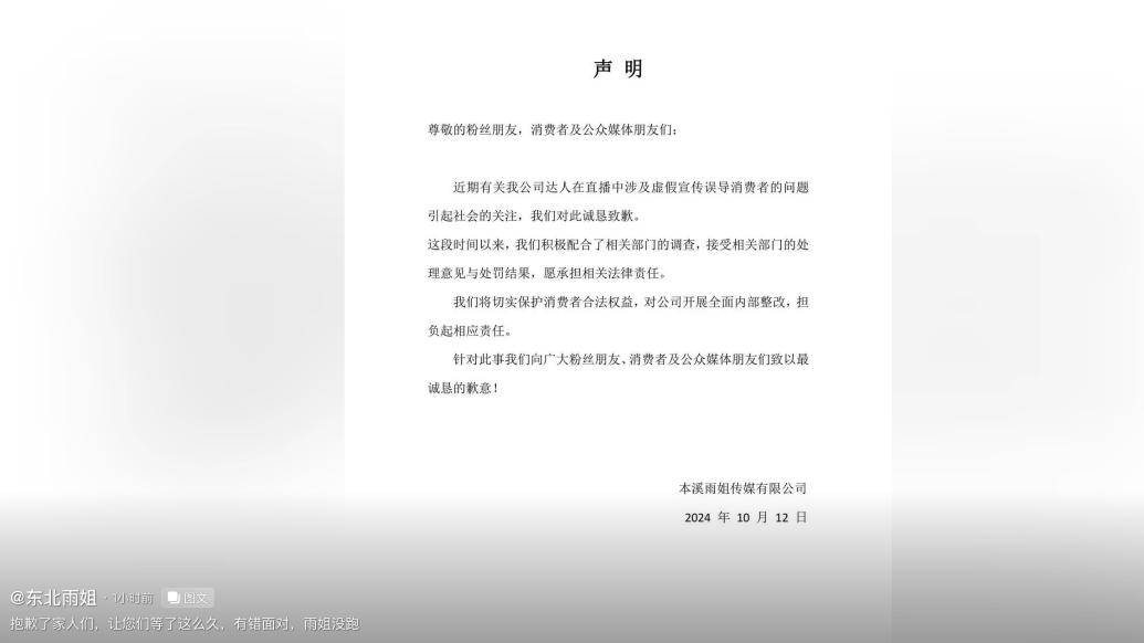 东北雨姐真诚道歉，愿承担全部法律责任